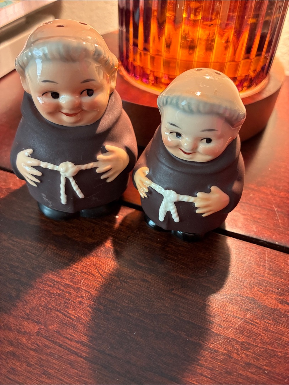 Goebel Ceramic Monk Salt and Pepper Shakers - Brown and Cream